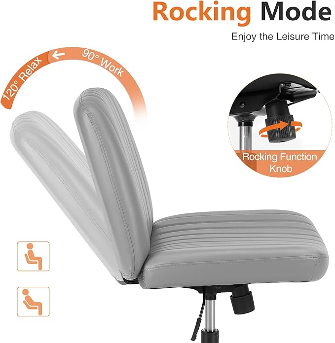 Sweetcrispy Criss Cross Chair Legged, Armless Office Wide Desk Chair No Wheels, PU Leather Swivel Vanity Height Adjustable Fabric Modern Computer Task Seating for Home - Grey