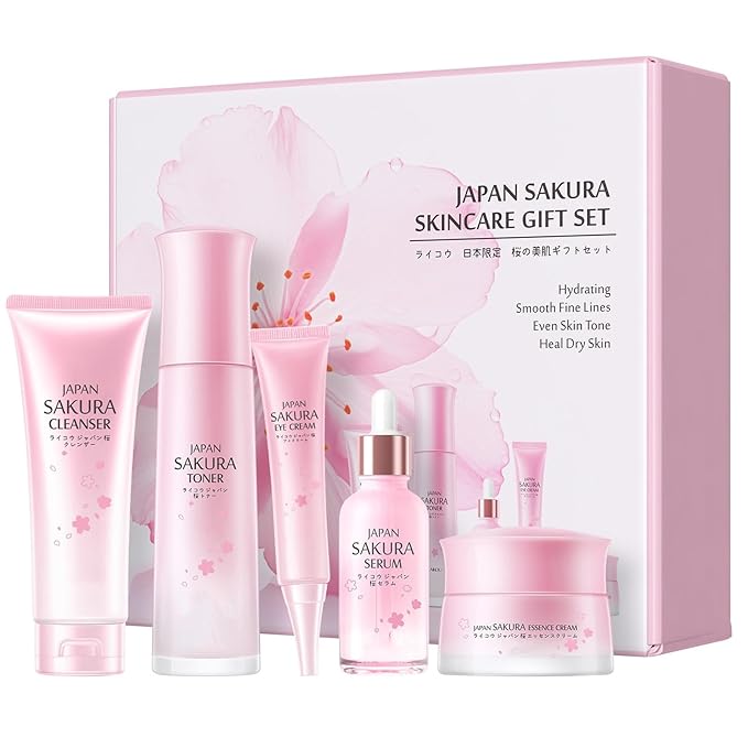 Cherry Blossom Skin Care Gift Set for Teenage Girls Women, 5 Piece Hydrating & Cleaning Skincare Sets Routine Kit with Cleanser , Toner, Serum, Eye Cream, Essence Cream Anti-Aging Skin