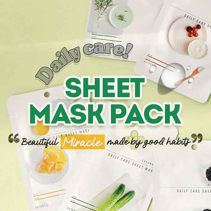 EUNYUL [PACK OF 12] Daily Care Facial Sheet Mask Pack 12 types Korean Skincare Hydrating & Nourishing & Natural Ingredients for All Skin Types