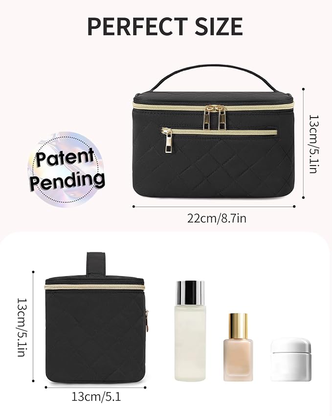 Wandering Nature Makeup Bag, Travel Make Up Organizer Cosmetic Brush Bags Case for Women in Quilted Fabric, Black, Patent Pending