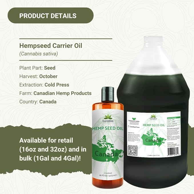 Hemp Seed Oil for Skin, Hair and Body Direct from Hemp Oil Canada - Cold Pressed Hemp Seed Oils - 1 Gallon