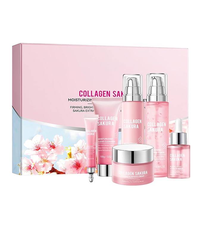 Cherry Blossom Skincare Gift Set with Cleanser, Collagen Sakura Moisturizing Revitalizing Six Piece Set, Toner, Lotion, Serum, Cream & Eye Cream for Teens Girls & Women