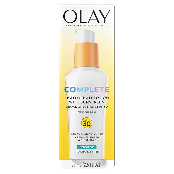 Olay Face Moisturizer, Complete with Sunscreen SPF 30, Fragrance-Free for Sensistive Skin, Broad Spectrum Sun Protection, Long-Lasting Hydration, Non-Comedogenic - Vitamin E & Aloe - 2.5 Oz - 4 Pack