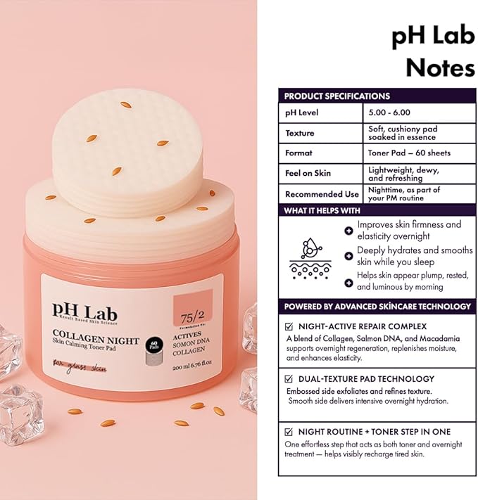 pH Lab Collagen Night Toner Pad, Gentle Face Pads for Glowy & Smooth Skin with Salmon DNA, 60 Pads