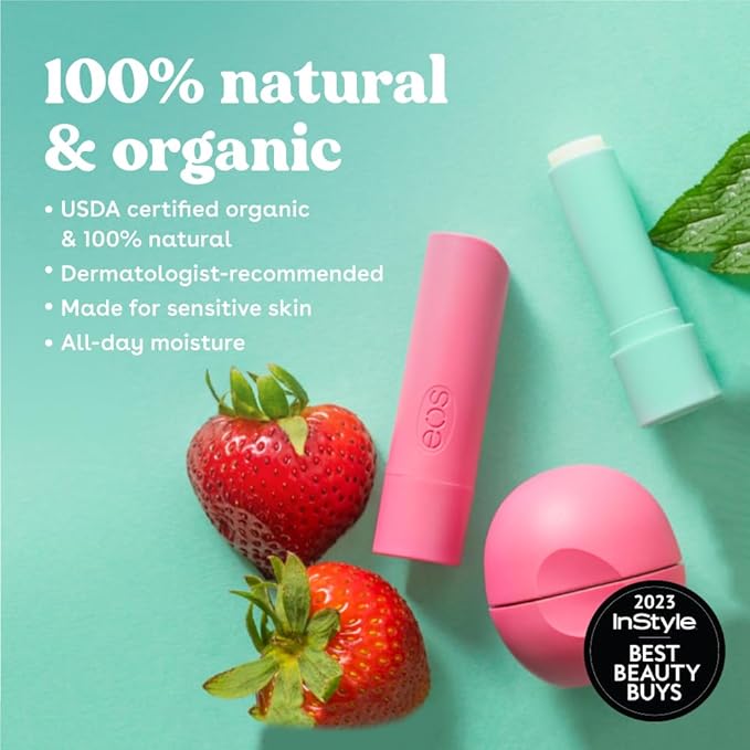 eos 100% Natural & Organic Lip Balm Stick- Vanilla Bean, Dermatologist Recommended for Sensitive Skin | All-Day Moisture Lip Care Products | 0.14 oz (Pack of 2)
