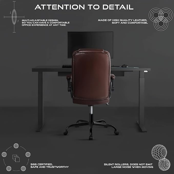 VITESSE Ergonomic Office Chair with Flip-up Armrests, Big and Tall Leather Executive Office Chair, High Back Lumbar Support Home Computer Desk Chair, Heavy and Duty Computer Chair (Brown)