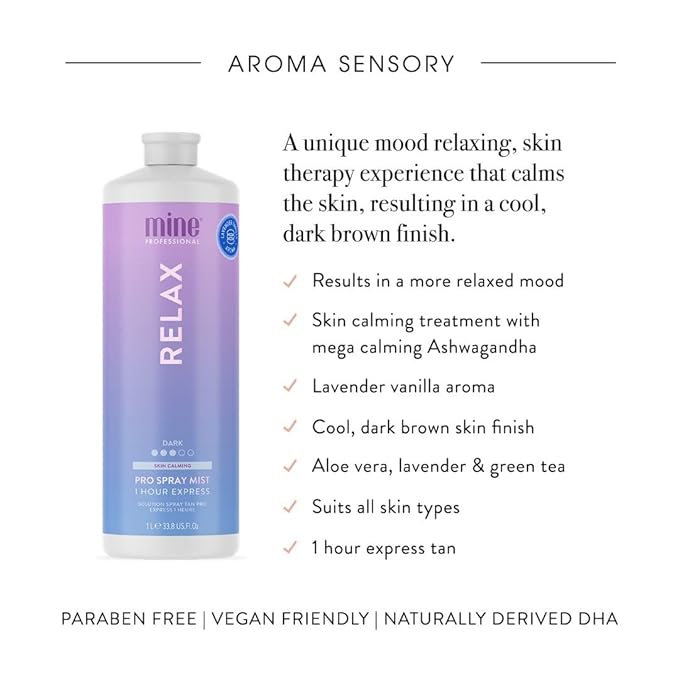MineTan Spray Tan Solution | Relax - Fake Tanning Mist Best for Dark Cool Bronzed Glow Skin Finish, Fast Drying, 1 Hour Express, Hydrating, Salon Professional Formula, Vegan, 33.8 Fl Oz