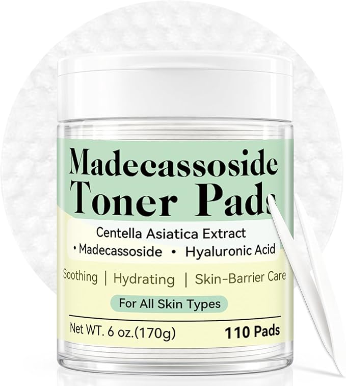 Madecassoside Toner Pads, Facial Exfoliating Pads, Redness Reducing Skin Care, Hydrating Pore Care, Toner Pads for Acne Prone, Oily, Clogged Skin, Non Comedogenic, Ideal for All Skin, 110 Pads