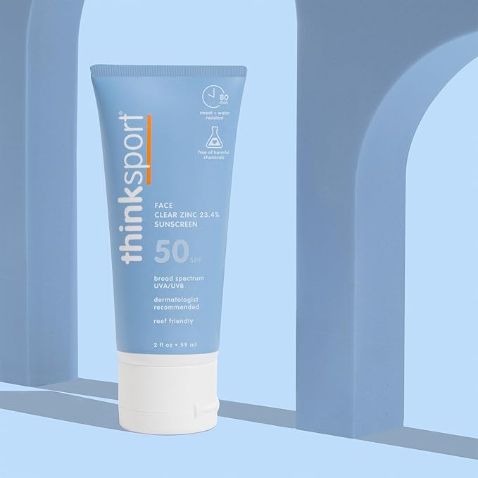 Thinksport SPF 50+ Sunscreen for Face with Clear Zinc Oxide, 2 Fl Oz – Safe, Natural, Water Resistant Face Sunscreen UVA/UVB Sun Protection – Vegan, Reef Safe Sunscreen