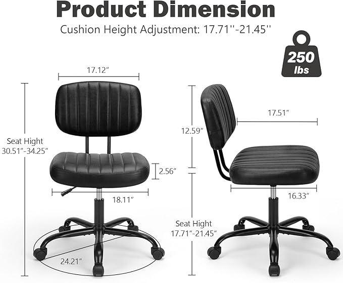 DUMOS Small Office Desk Chair - Armless PU Leather with Comfy Lumbar Support, Height Adjustable Rolling Swivel Task for No Arms, for Adult, Student, Bedroom, Home, Vanity, Black