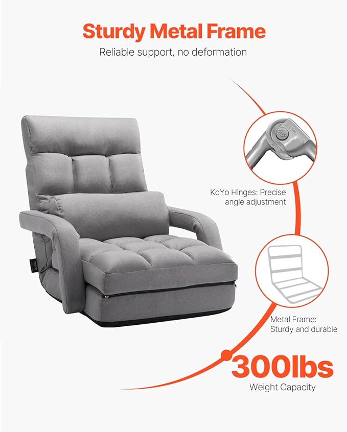 VEVOR Floor Chair, Floor Gaming Chair with 5 Adjustable Position and Back Support, Folding Sofa Chair with Armrest for Adults, Sofa Lounger Bed with Back Cushion for Living Room and Bedroom, Gray