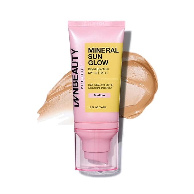 INNBEAUTY PROJECT Mineral Sun Glow Broad Spectrum Sunscreen SPF 43 PA+++ with Peptides, Medium Tint, 1.7 OZ (50ml)