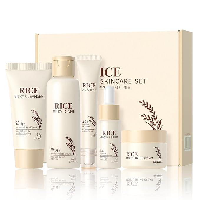 Rice Skin Care Set 5-Piece, Complete Facial Skincare Routine with Rice Moisturizing Cream, Toner & Essential Products, Hydrating Formula for Daily Nourishment, Gift Set (5PCS)