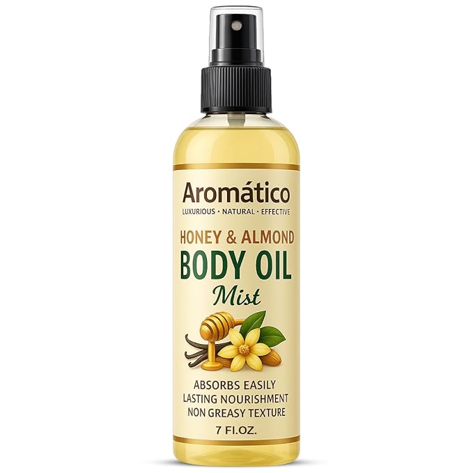 Honey & Almond Body Oil Mist for Women – 7 fl oz | Lightweight, Non-Sticky, Spray-on formula for Daily use After Shower | Moisturized, Soft, Glowing Skin | Cozy Honey & Almond Scent