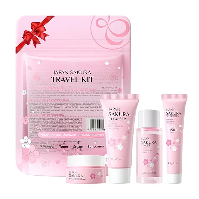 Skin Care Sets for Teenage Girls, Sakura Skin Care Sets & Kits Women Beauty Gift Set with Cleanser, Mud Mask, Toner, Serum, Eye Cream, Facial Cream, and Sunscreen, Birthday Gift for Women and Girls