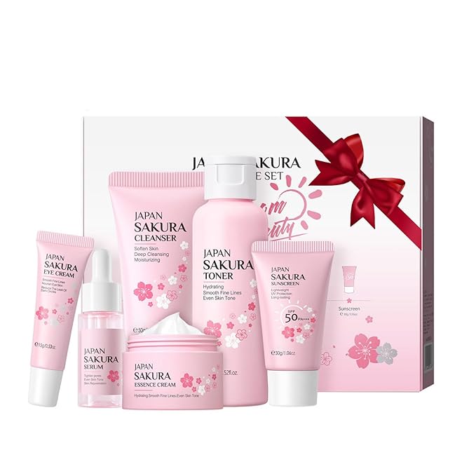 Skin Care Sets for Teenage Girls, Sakura Skin Care Sets & Kits Women Beauty Gift Set with Cleanser, Mud Mask, Toner, Serum, Eye Cream, Facial Cream, and Sunscreen, Birthday Gift for Women and Girls