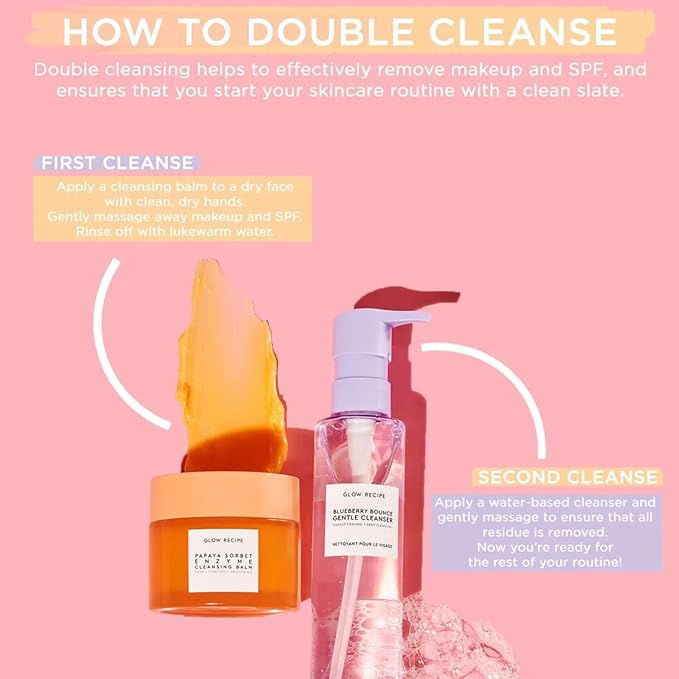 Glow Recipe Blueberry Bounce Gentle Face Cleanser & Makeup Remover with Exfoliating AHA (30 ml) + PHA+BHA Face Toner (40 ml) + SPF Dew Balm Sunscreen Stick (0.58 oz) - Vegan Skincare for Glowing Skin
