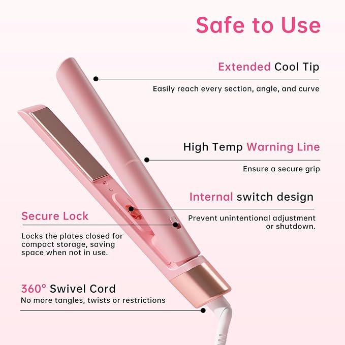 Mini Flat Iron 1 Inch Ceramic Mini Hair Straightener, Small Flat Irons for Short Hair, Curls Bangs, Dual Voltage for Travel,Dual Voltage for Worldwide Use(Pink)