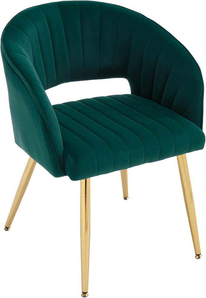 Modern Velvet Vanity Chair, Home Office Desk Chair with Hollow Back, Upholstered Dining Chair with Gold Metal Legs, Comfy Accent Armchair for Living Room Bedroom, Dark Green