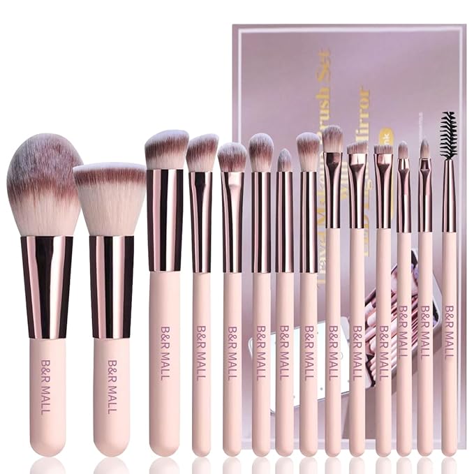 B&R MALL Makeup Brush Set with LED Mirror – Supper soft Brushes for Flawless Foundation, Concealer, Eyeshadow & More | Lightweight, Versatile, Perfect for On-the-Go Touch-Ups (Champagne Gold)