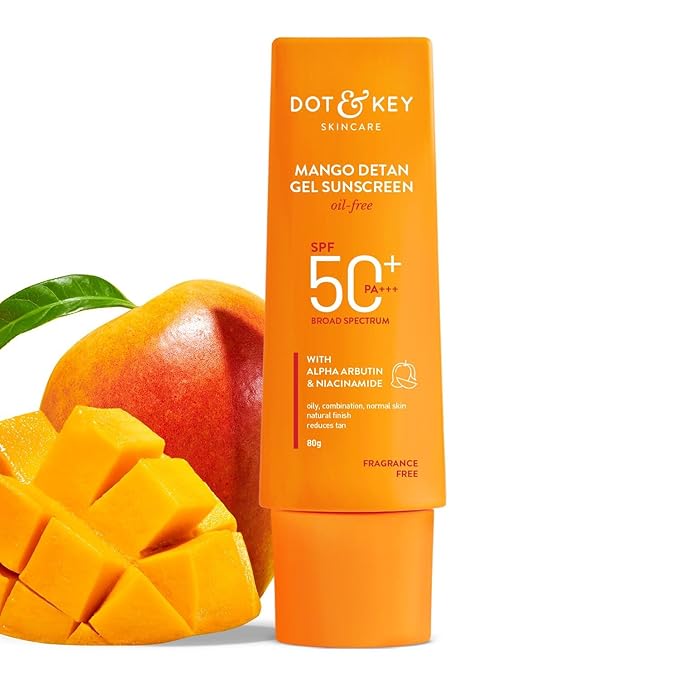Dot&Keey's Mango Detan Gel Sunscreen SPF 50+ PA+++, Oil-Free, with Alpha-Arbutin, Niacinamide, Water Resistant, for All Skin Types, 80g
