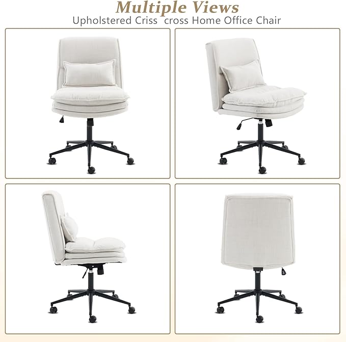 VINGLI Cloud Criss Cross Legged Chair,18" High Back Armless Home Office Desk Chair with Wheels,Wide Adjustable Comfy Padded Seat Task Computer Chair,Modern Swivel Makeup Vanity Chair,Fabric,Beige