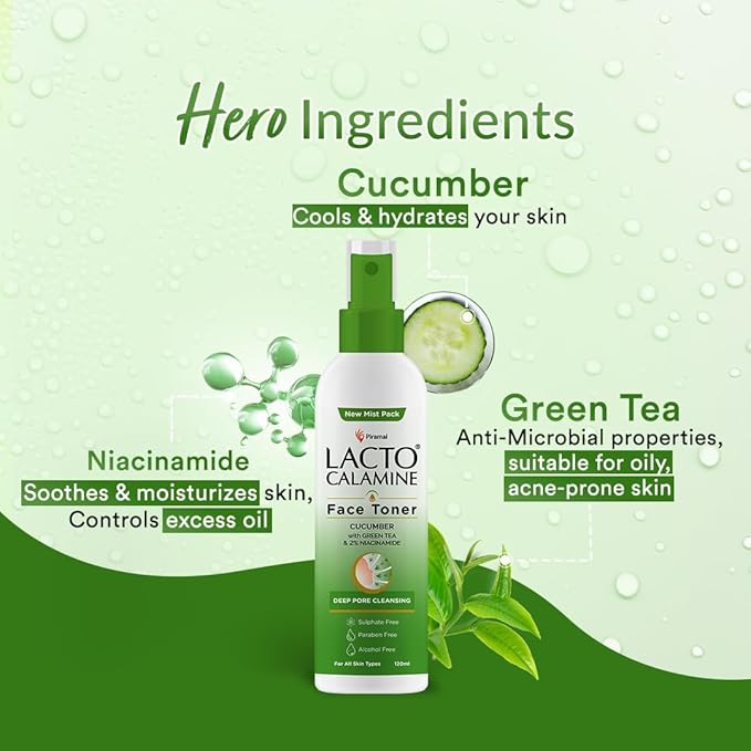 Lacto-Calmine's Face Toner with Cucumber, Green Tea, Niacinamide for Deep Pore Cleansing, Alcohol-Free, 120ml, 2 Pack