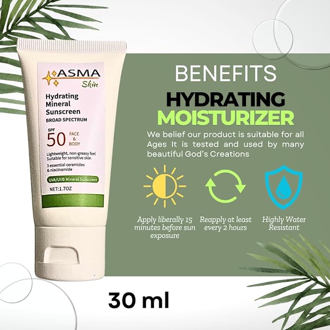 ASMA Hydrating Mineral Sunscreen SPF 50 with Face Moisturizer | Broad Spectrum UVA/UVB Protection | 9% Titanium Dioxide + 7% Zinc Oxide | Tinted Sunblock for All Ages & Skin Types