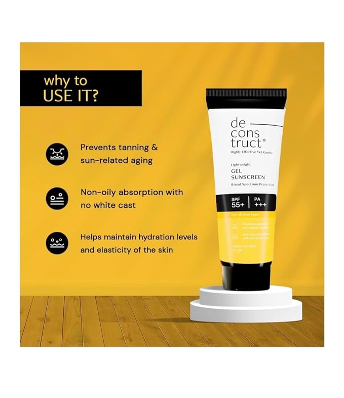 De Construct Lightweight Gel Sunscreen, SPF 55+ PA+++, Broad Spectrum Protection, Non-Oily, No White Cast, Water Resistant, 50g