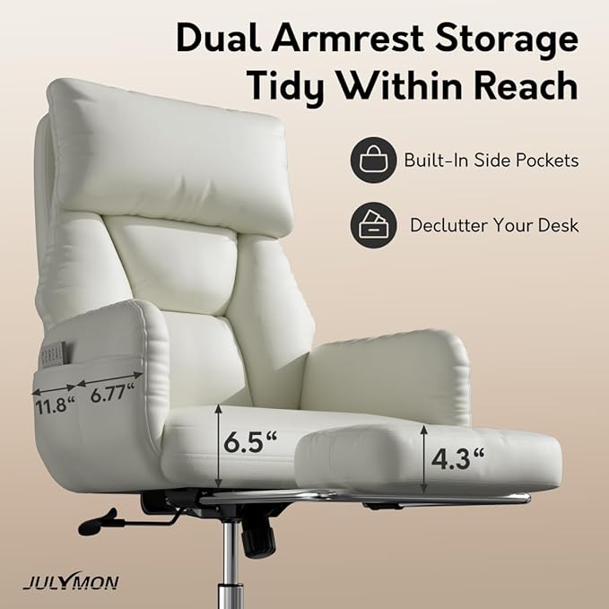 Cross Legged Office Chair with Pets Friendly Arms, Plus Size Criss Cross Desk Chair, Big and Tall Office Chair with Foot Rest, Reversible Armrests & Wide Seat, Cream White