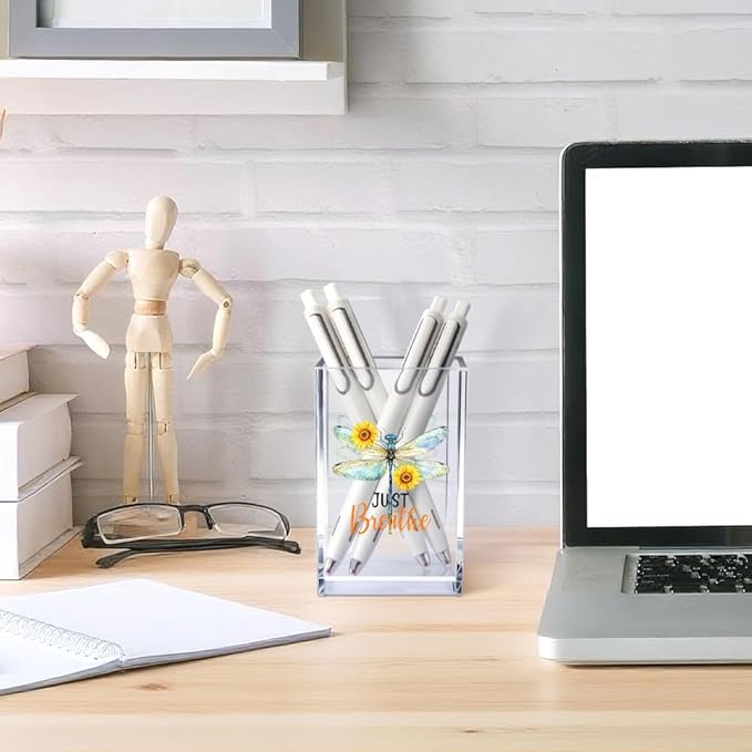 Just Breathe Acrylic Cosmetic Pencil Pen Holder Cup, Inspirational Dragonfly Desk Organizer Accessories for Home Office Decor, Motivational Encouragement Gifts for Women Girl Coworker Teacher