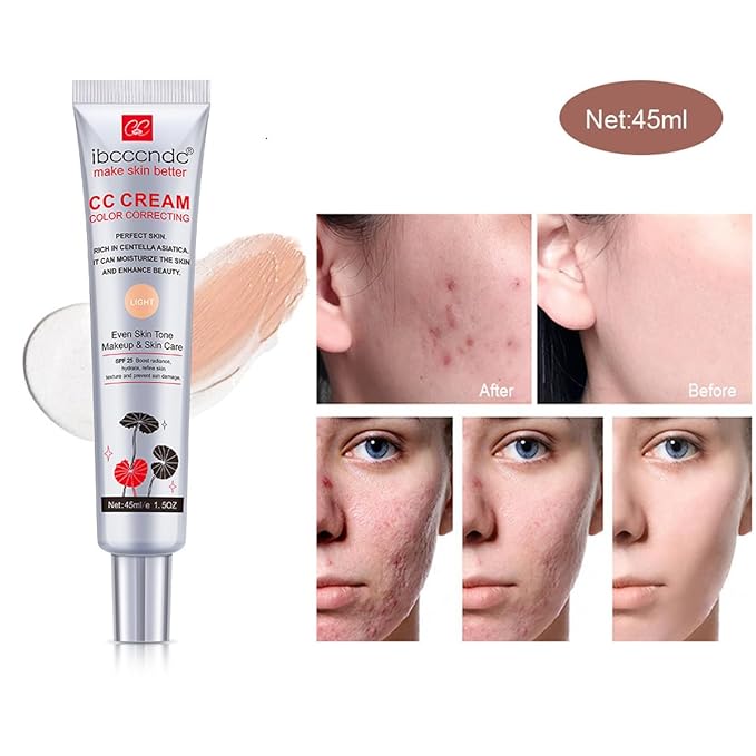 Color Correcting CC Cream with SPF 25,Full-Coverage Foundation,Hydrating Serum,Refine Skin Texture, Avoid Sun Damage (Light, 45 ml)