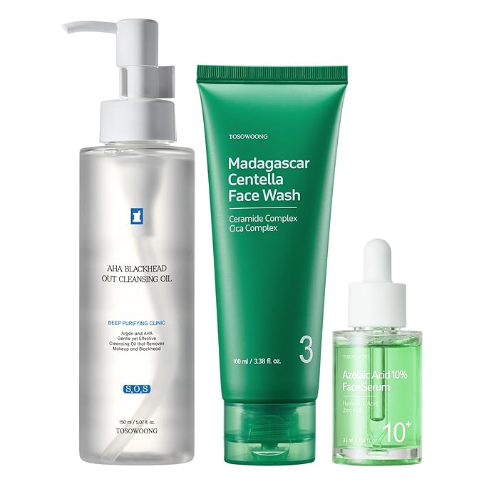 TOSOWOONG 3-Step Blemish Clear Beginner Set, Oil Cleanser and Centella Face Wash with Azelaic Acid Serum, Double Cleansing Routine with CICA for Blemish-Prone Skin, Korean Skin Care Set