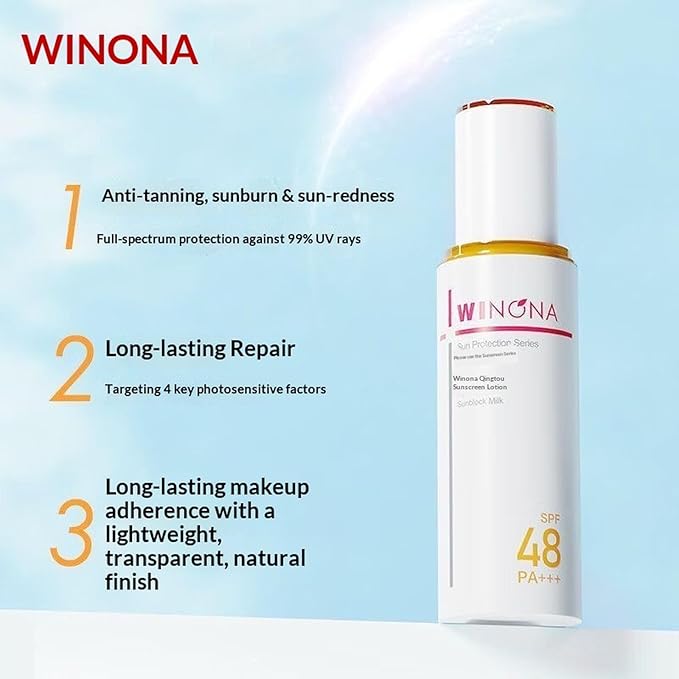 WINONA Clear Sunscreen Lotion SPF48 PA+++, Lightweight Sunblock Milk 50g, Broad-Spectrum UV Protection, Non-Comedogenic, Sensitive Skin