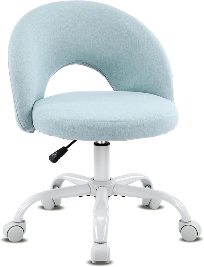 VINGLI Small Vanity Chair with Wheels for Girls.Cute Modern Adjustable Height Armless Office Desk Chair.360°Swivel Comfy Rolling Chair for Study, Make up Room,Small Space,Linen Light Blue
