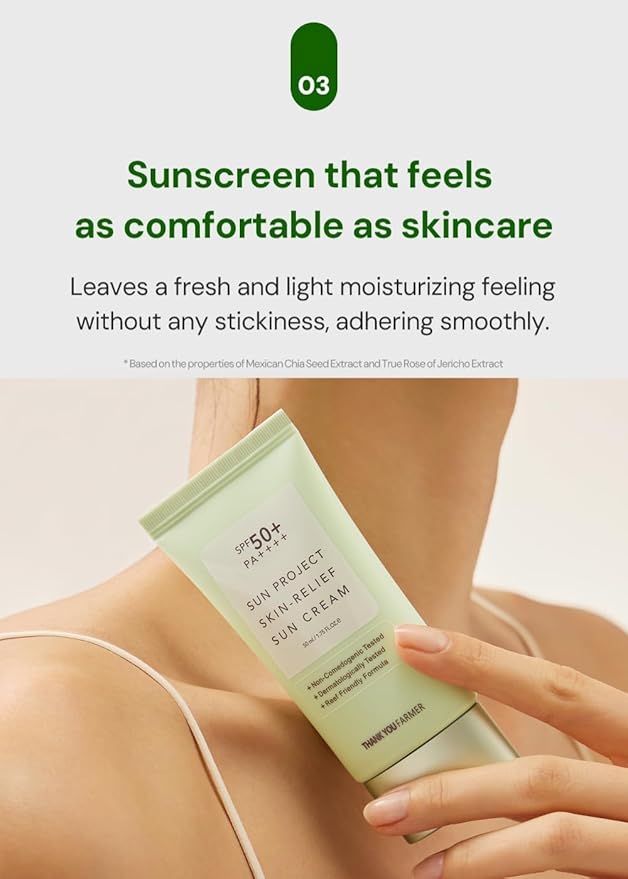 THANKYOU FARMER Sun Project Relief Sun Cream SPF50+ PA++++(50ml) - Centella Asiatica Extracts for Soothing, Reef Safe Sunscreen Travel Size