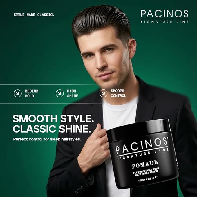 Pacinos Pomade - Flexible Hold, Frizz Control - High Shine Pomade for All Hair Types - 4oz