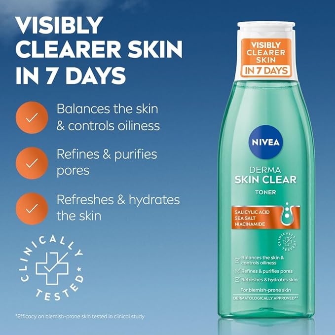 NIVEA Derma Skin Clear Toner/Cleansing Lotion for Skin Prone to Imperfections, 200 ml – a gentle facial toner designed to help balance, cleanse, and refresh look prone to blemishes and excess oil