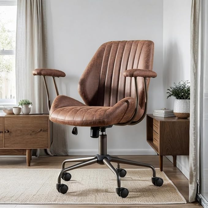 HOOOWOOO Faux Suede Leather Home Office Desk Chair,MCM Modern Ergonomic Task Work Chair,Computer Gaming Chair with Cushion Seat Mid Back for Long Hours(Chocolate Brown)