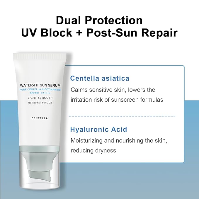 Centella Sunscreen, SPF 50, Hyalu Cica Water-Fit Sun Serum, Lightweight Sunscreen with Plant Extract, Long Lasting Protection and UV Defens, No White Cast, Hydrating and Non-Greasy