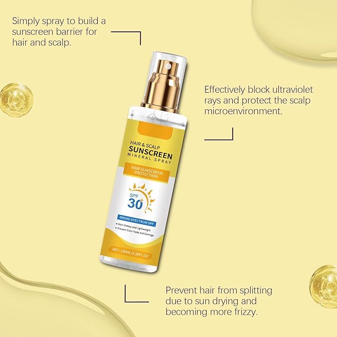 Hair & Scalp Sunscreen Spray SPF 30 Non-Greasy - UV Protection for Color-Treated Hair, Travel-Size Scalp Sunblock Prevents Fading & Dryness, Beach Pool Essential for All Hair Types 3.38oz (1)