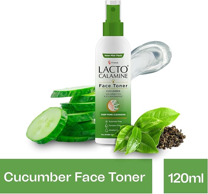 Lacto-Calmine's Face Toner with Cucumber, Green Tea, Niacinamide for Deep Pore Cleansing, Alcohol-Free, 120ml, 2 Pack