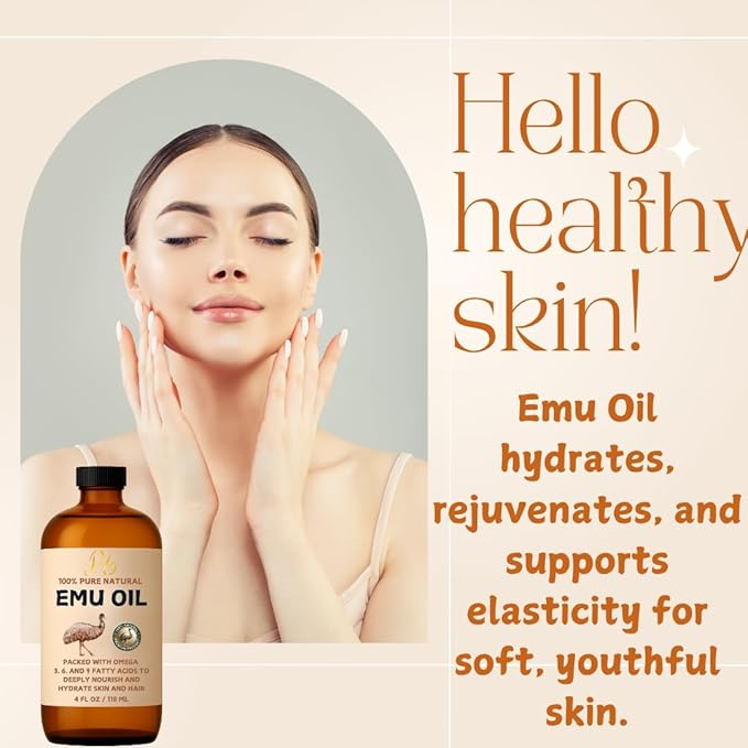 Emu Oil, 100% Pure Australian Emu Oil – Refined & Unscented – Natural Moisturizer for Hair, Skin, Face & Body – Helps with Scars, Dry Skin & Massage – 4 fl oz Glass Bottle