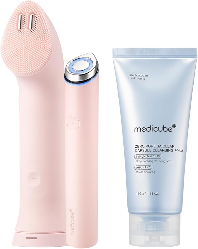 medicube Pore Purifying Cleansing Set: Mini Booster Pro Plus Cleansing Device Set (Pink) and Zero Pore Clear Blue Capsule Facial Deep Cleanser