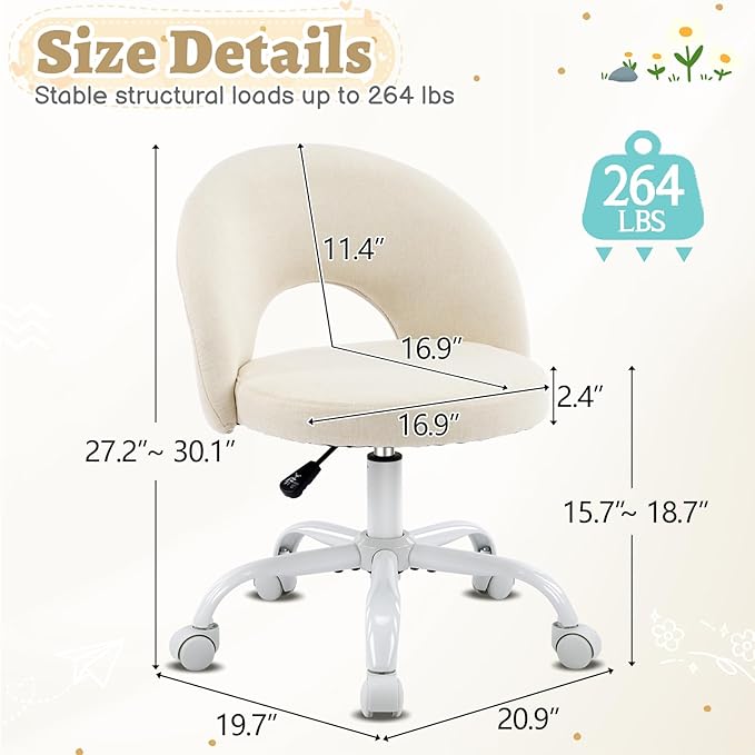 VINGLI Small Vanity Chair with Wheels for Girls.Cute Modern Adjustable Height Armless Office Desk Chair.360°Swivel Comfy Rolling Chair for Study, Make up Room,Small Space,Linen Light Yellow