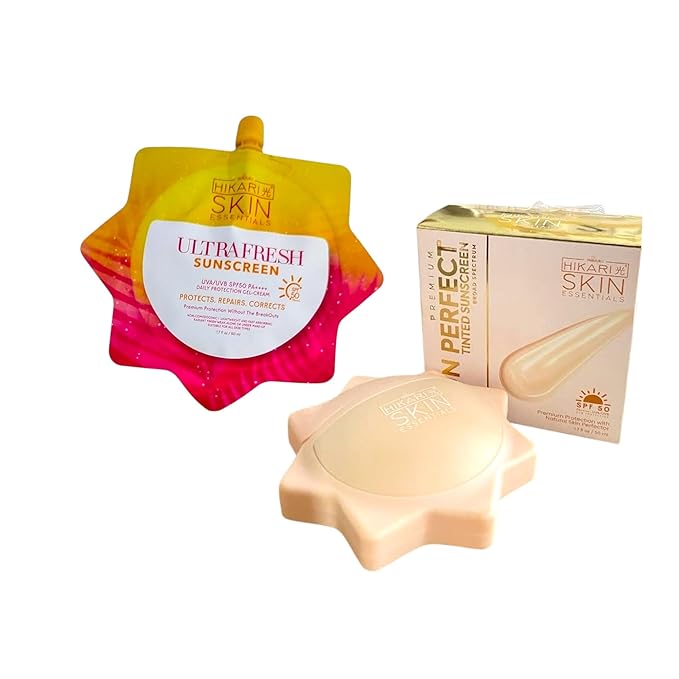 HikariSkinEssentials Ultrafresh and Sun Perfect Sunscreen Set, SPF 50 PA+++, Daily Protection Gel-Cream, Tinted Formula