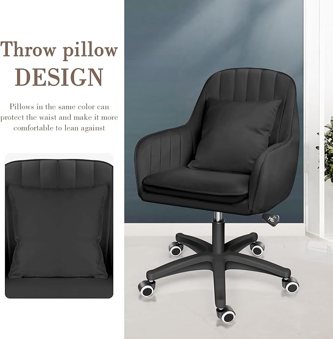 Mid Back Velvet Vanity Chair Swivel Rolling Desk Chair with Wheels, Modern Upholstered Makeup Chair for Women Girls, Computer Task Chair for Bedroom Living Room Office, Black