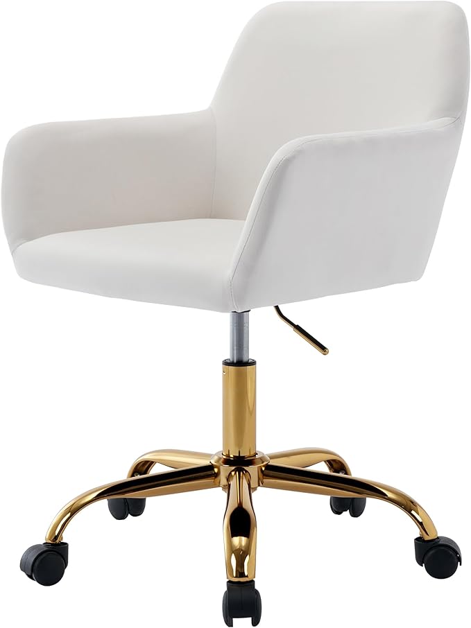 Faux Fur 360°Swivel Desk Chair, Height Adjustable Home Office Armchair with Golden Base for Teens Women Girls, Upholstery Computer Chair for Home Studios, Velvet & White