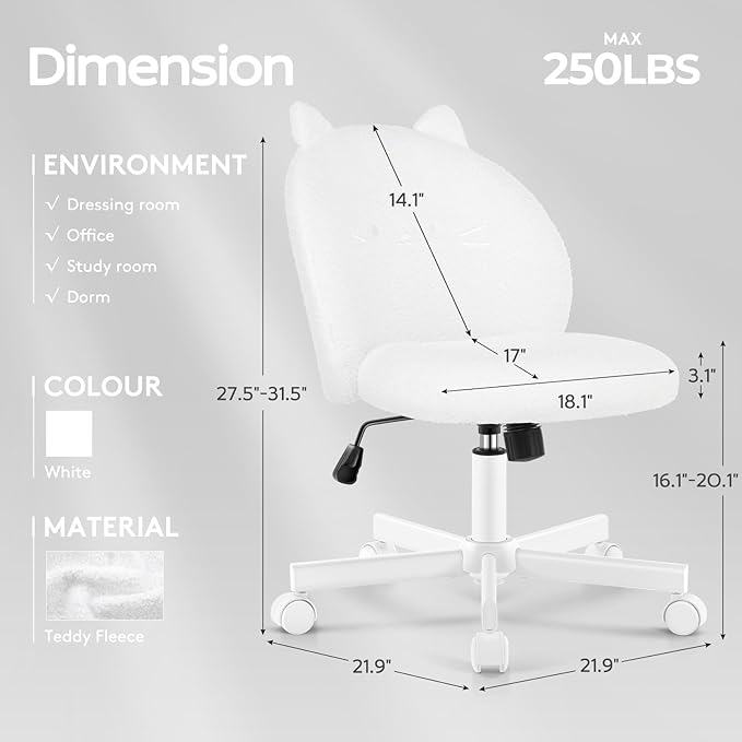 Vanity Chair with Cat Back,Armless Desk Chair Cute Small Office Chair,Teddy Fabric Computer Chair with Adjustable Height,120°Tilting,Rolling,Swivel for Vanity,Kids Room,Office,Bedroom White