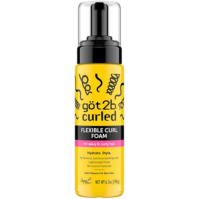 Got2B Curled Flexible Curl Foam, 6.7 Fl Oz, Hair Mousse for Frizz Control and Heat Protection, Lightweight Hold, No-Crunch Definition for Wavy & Curly Hair Styling, Aloe Vera & Vitamin E Infused
